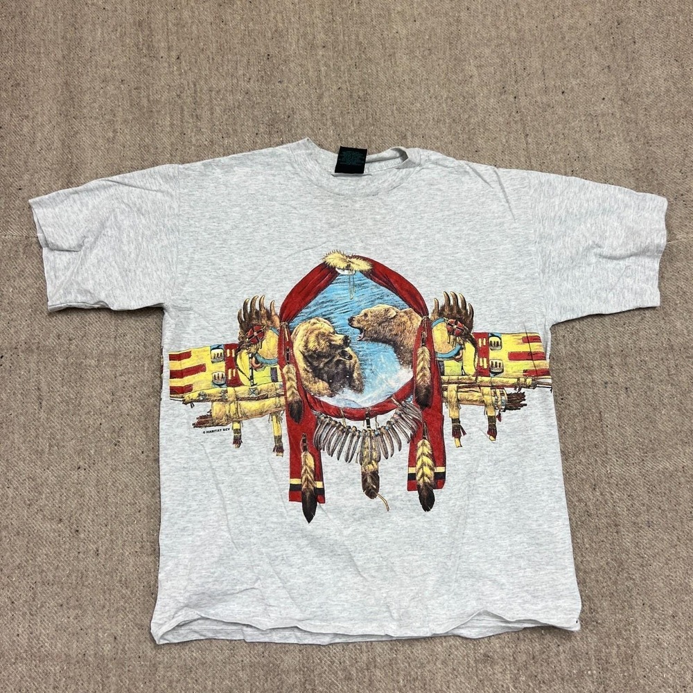 Vintage Brown Bear Shirt Mens Large Gray 1990s‎ Native Art Animals